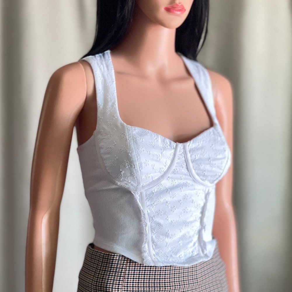 White Eyelet Bustier Corset Tank Top Cami Ribbed Tie Back Cottagecore Coquette S